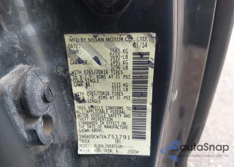 2014 Nissan Frontier Sv/Pro-4X из США, поврежденный, VIN 1N6AD0CW7EN751791